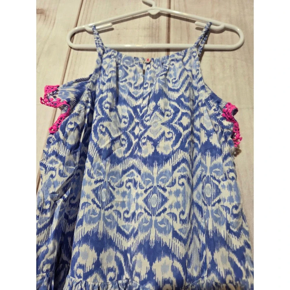 OshKosh B'gosh Girls Blue Ikat High-Low Maxi Dress Pink Trim Size 8‎ Summer